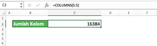 Jumlah Kolom dan Baris Pada Microsoft Excel - Screenshot Hasil COLUMNS Untuk Mendapatkan Jumlah Kolom Worksheet