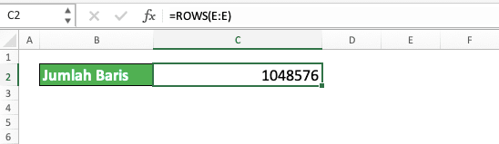 Jumlah Kolom dan Baris Pada Microsoft Excel - Screenshot Hasil ROWS Untuk Mendapatkan Jumlah Baris Worksheet