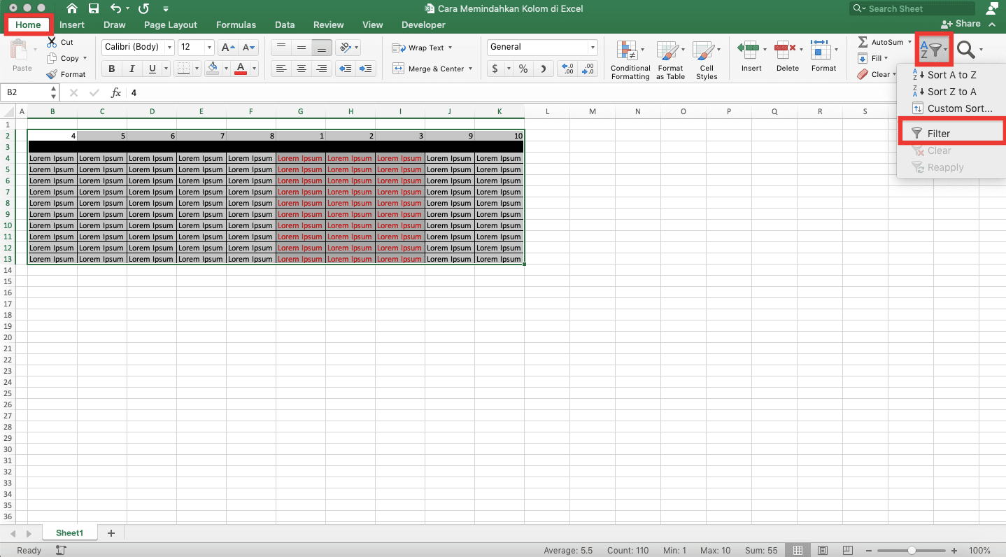 Cara Memindahkan Kolom di Excel - Screenshot Langkah 5 Cara Sort