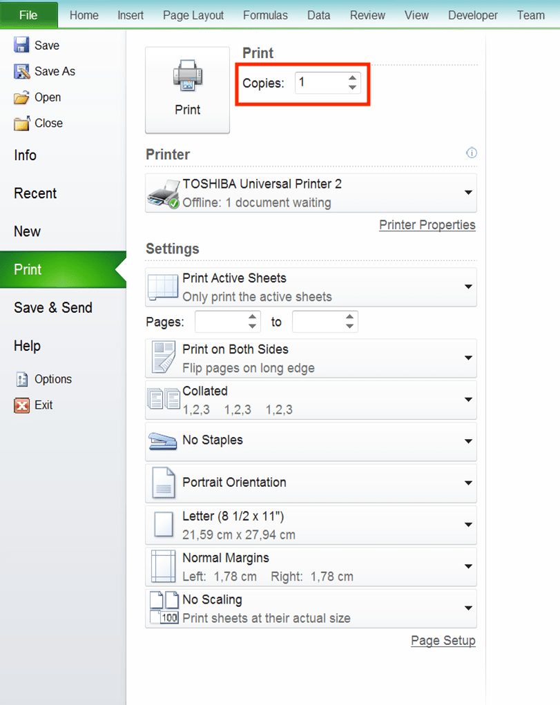 Cara Print Excel Agar Tidak Terpotong, Rapi, dan Full Kertas - Screenshot Pengaturan Copies