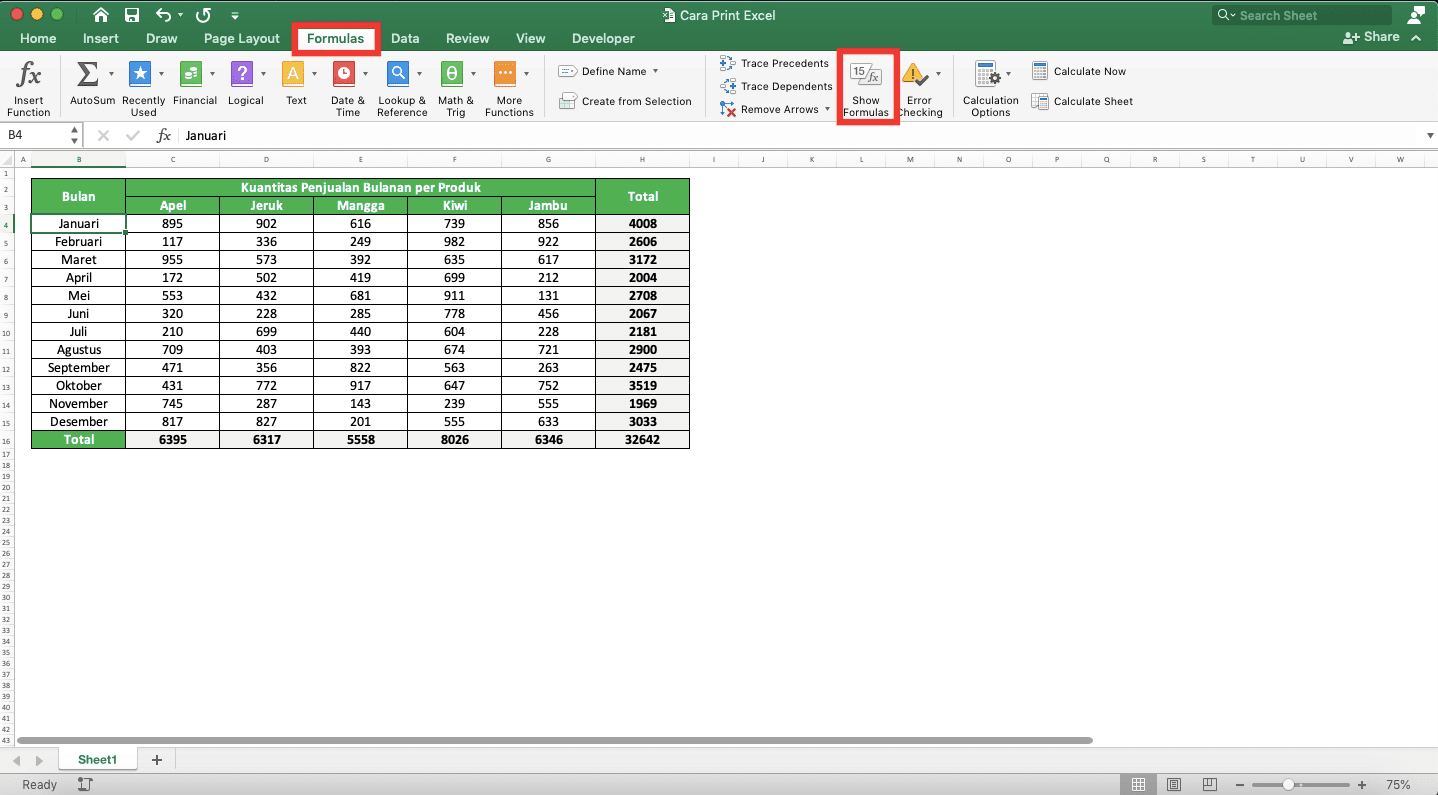 Cara Print Excel Agar Tidak Terpotong, Rapi, dan Full Kertas - Screenshot Contoh Tampilan Sebelum Menampilkan Rumus