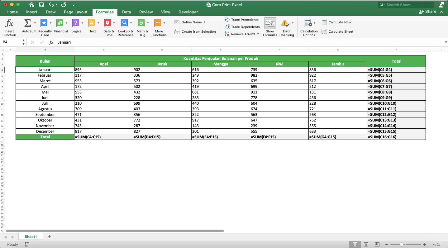 Cara Print Excel Agar Tidak Terpotong, Rapi, dan Full Kertas - Screenshot Contoh Tampilan Setelah Menampilkan Rumus