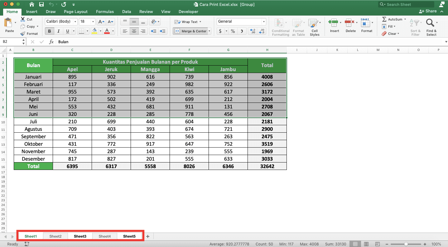 Cara Print Excel Agar Tidak Terpotong, Rapi, dan Full Kertas - Screenshot Cara Print Cell Range yang Sama dari Beberapa Sheet, Langkah 2