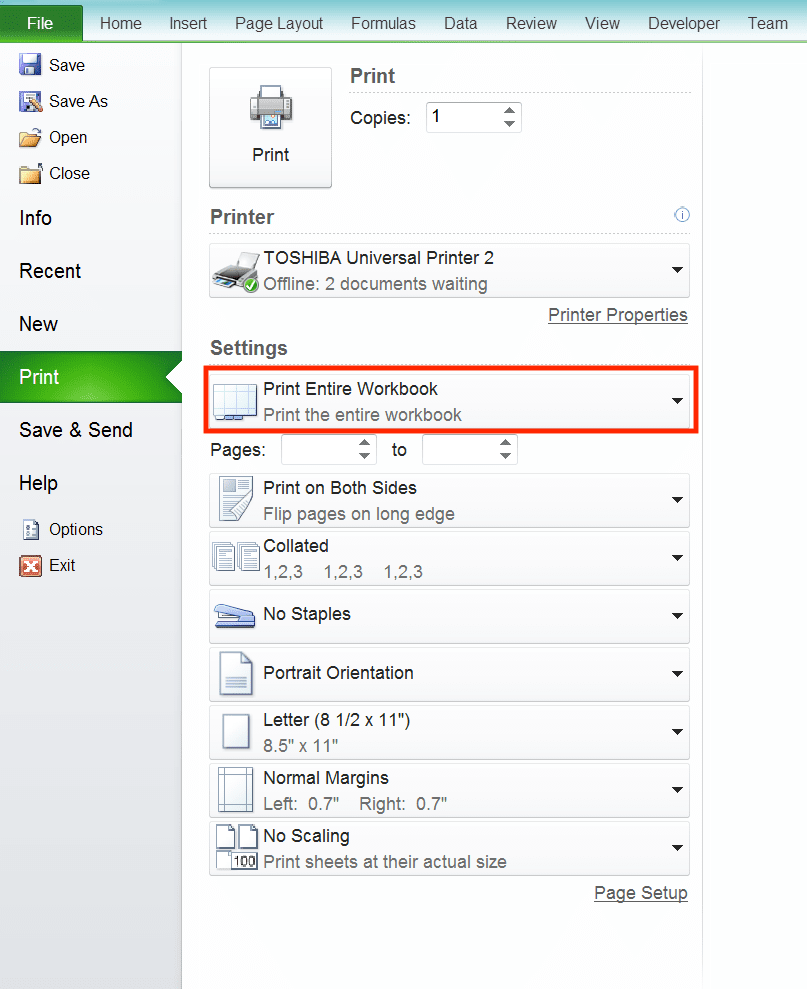 Cara Print Excel Agar Tidak Terpotong, Rapi, dan Full Kertas - Screenshot Contoh Pengaturan Print Entire Workbook