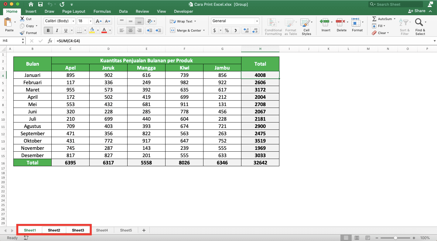 Cara Print Excel Agar Tidak Terpotong, Rapi, dan Full Kertas - Screenshot Contoh Hasil Pemilihan Tab-Tab Worksheet yang Berurutan