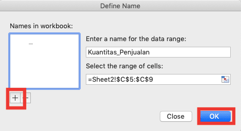 Pengertian Dari Range Adalah; Definisi, Fungsi, dan Penggunaannya di Excel - Screenshot Letak Tombol OK dan Tanda Tambah Dialog Box Defined Names