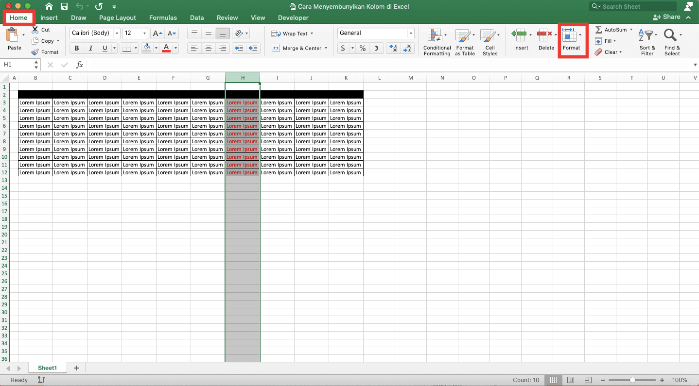 Cara Menyembunyikan Kolom di Excel - Screenshot Langkah 2 Cara Tombol Format