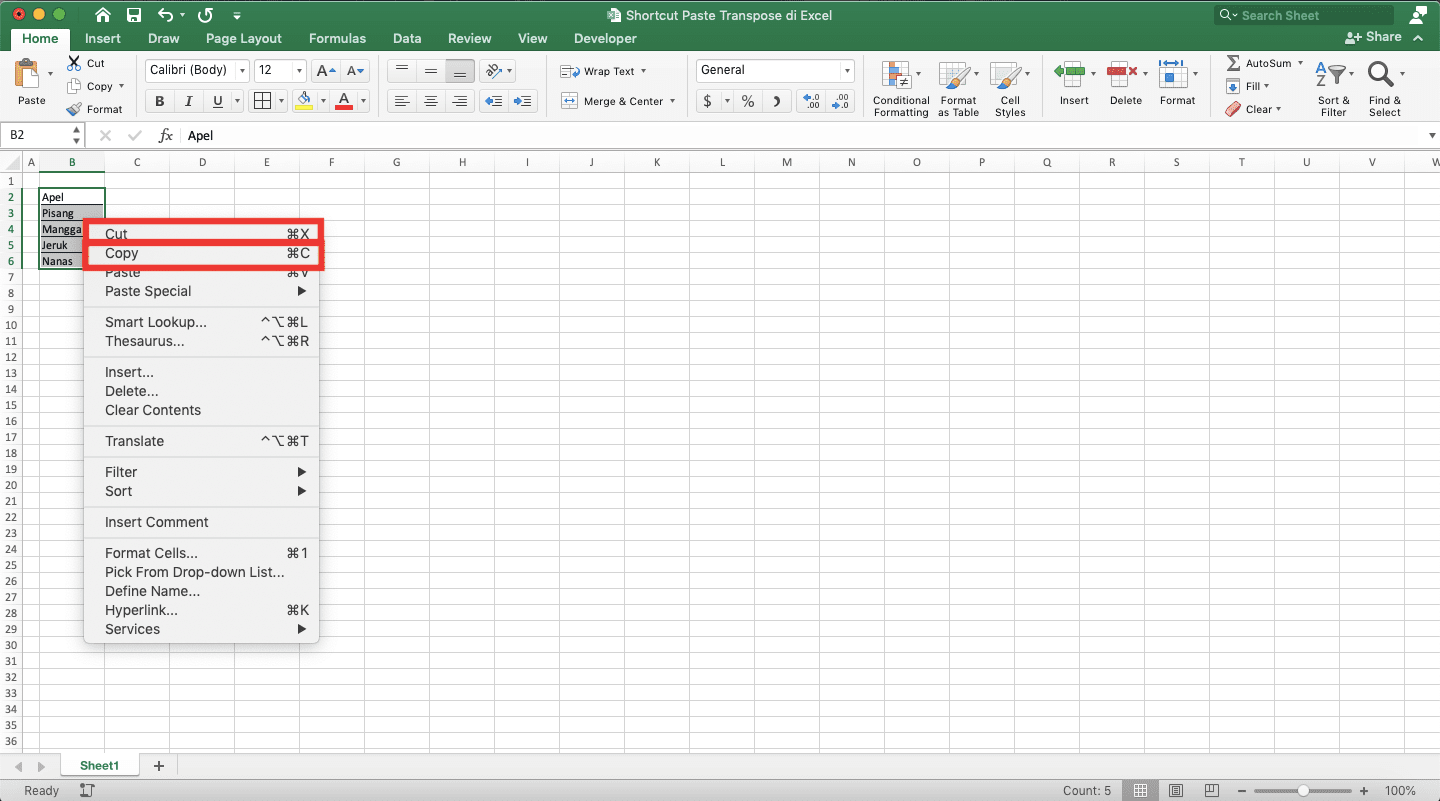 Shortcut Paste Transpose di Excel - Screenshot Langkah 2