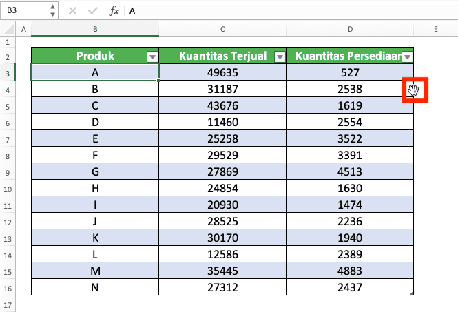Cara Membuat Tabel di Excel - Screenshot Contoh Simbol Tangan untuk Menggeser Tabel Excel