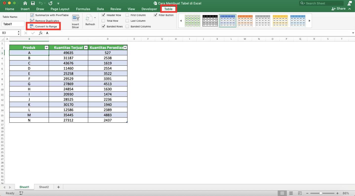 Cara Membuat Tabel di Excel - Screenshot Lokasi Tab Table dan Tombol Convert to Range