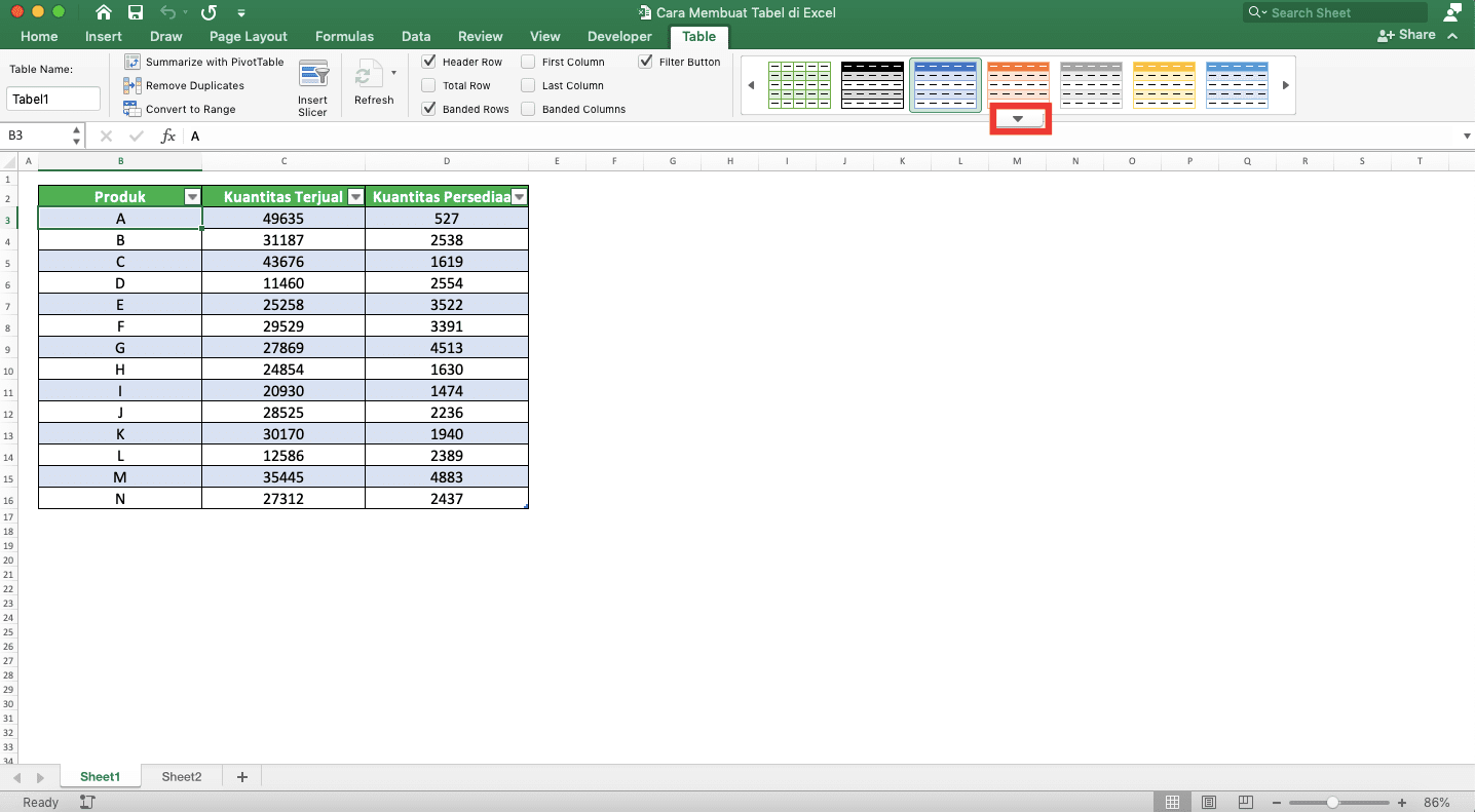 Cara Membuat Tabel di Excel - Screenshot Lokasi Tombol Tanda Panah ke Bawah Table Styles Excel