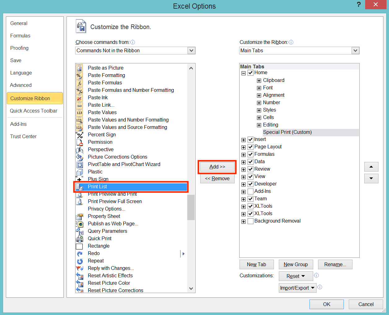 Cara Membuat Tabel di Excel - Screenshot Lokasi Tombol Print List dan Tombol Add >> di Dialog Box Customize Ribbon di Excel