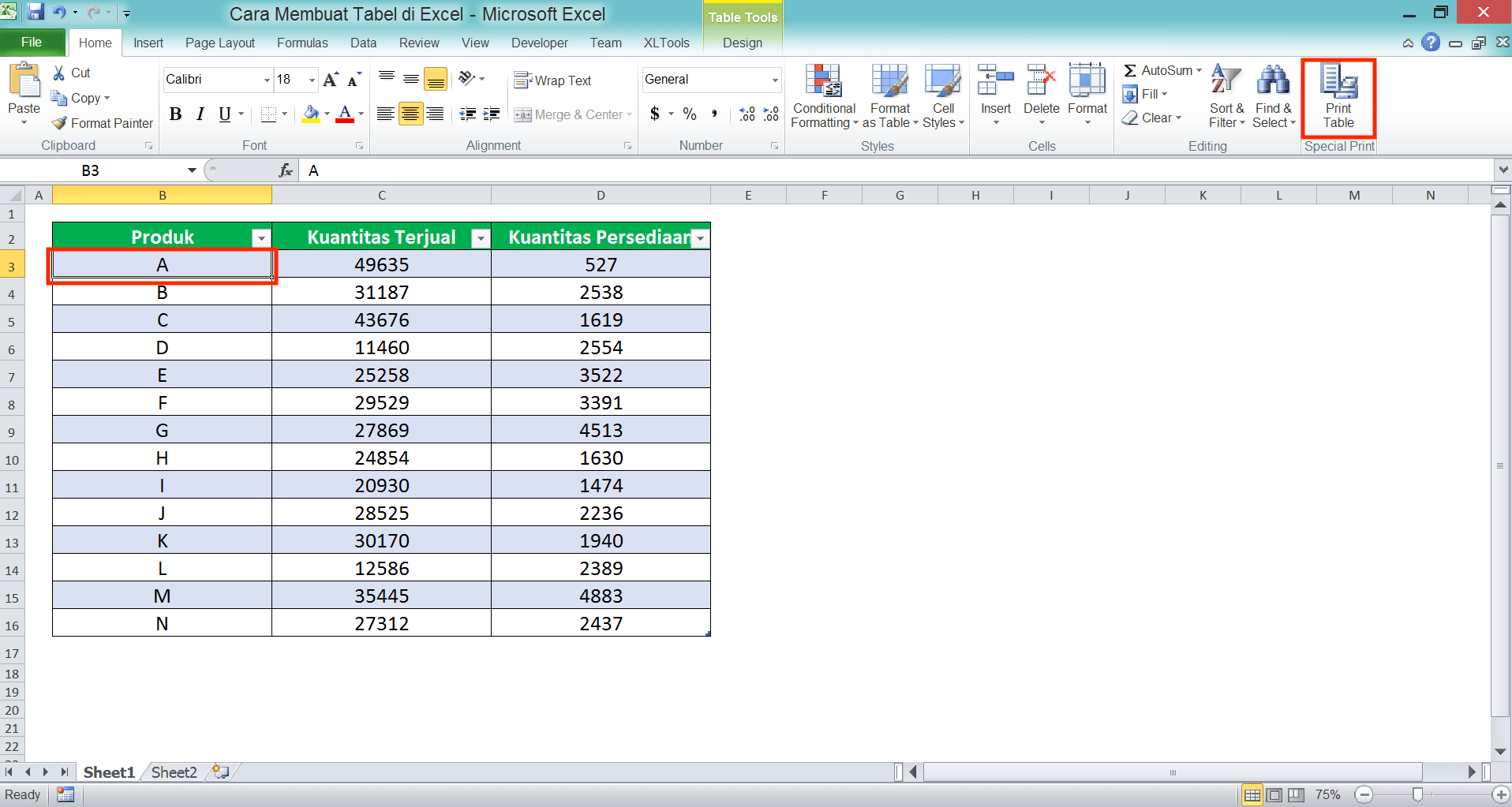 Cara Membuat Tabel di Excel - Screenshot Contoh Penggunaan Tombol Print List di Excel