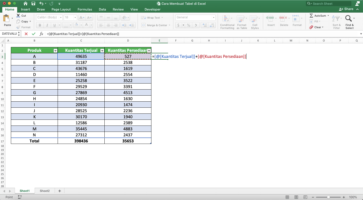 Cara Membuat Tabel di Excel - Screenshot Contoh Pengetikkan Rumus di Tabel Excel