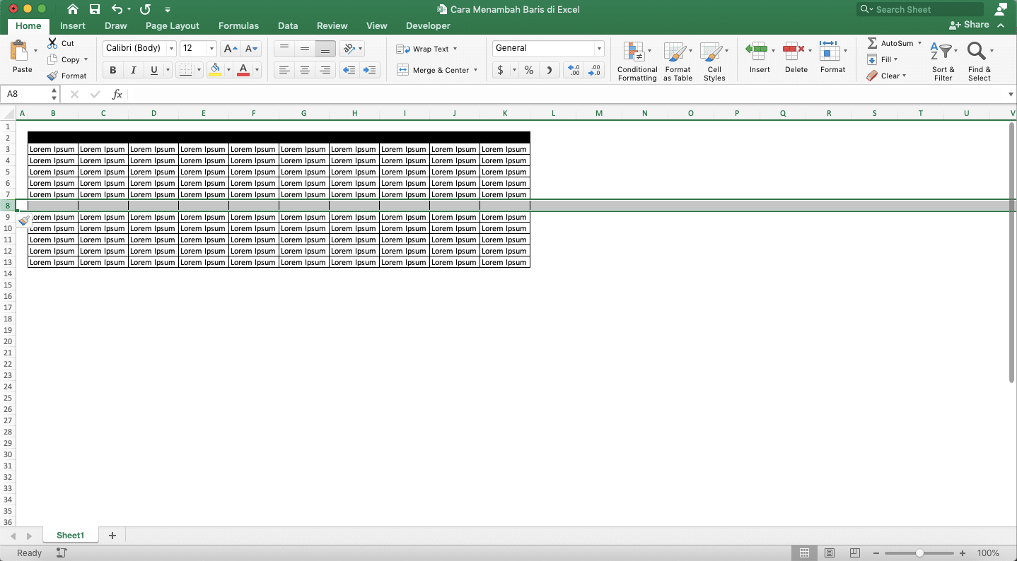 Cara Menambah Baris di Excel - Screenshot Cara Menambah Satu Baris, Langkah 4