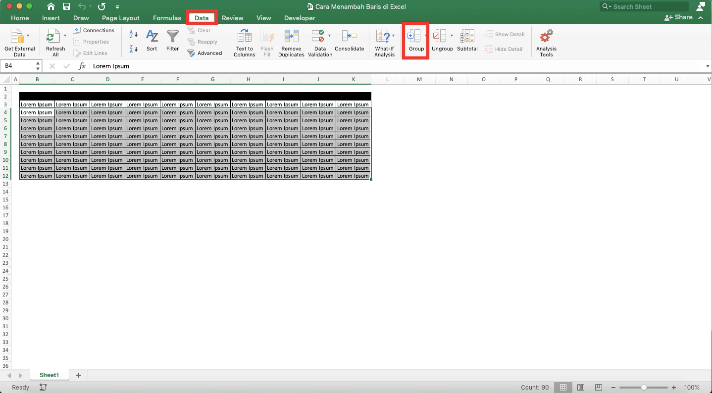 Cara Menambah Baris di Excel - Screenshot Lokasi Tab Data dan Tombol Group