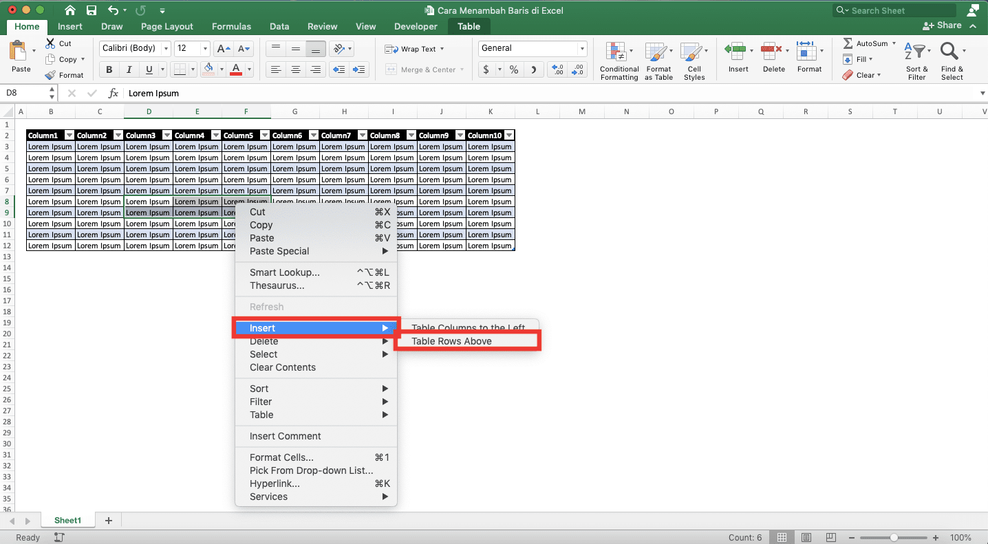 Cara Menambah Baris di Excel - Screenshot Lokasi Pilihan Insert dan Table Rows Above di Menu Klik Kanan Cell Tabel Excel