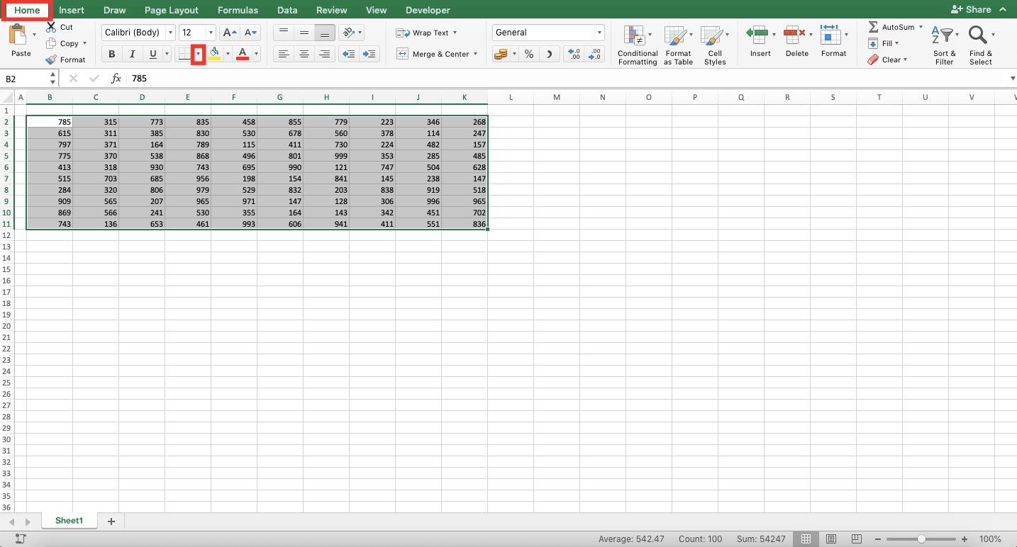 Cara Menambah Garis (Border) di Excel - Screenshot Langkah 1-2