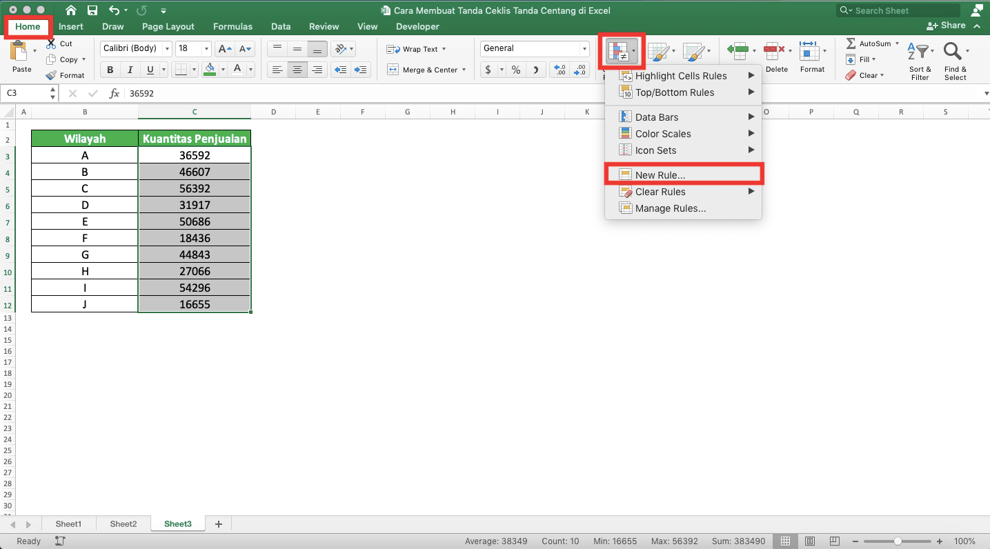 Cara Membuat Tanda Ceklis/Tanda Centang di Excel - Screenshot Lokasi Tab Home dan Dropdown Conditional Formatting dengan Pilihan New Rule...nya di Excel