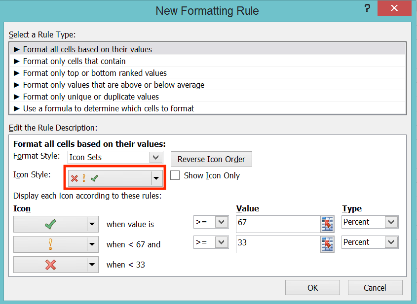 Cara Membuat Tanda Ceklis/Tanda Centang di Excel - Screenshot Pilihan Icon Style di Dialog Box Conditional Formatting untuk Memasukkan Tanda Ceklis/Centang di Excel