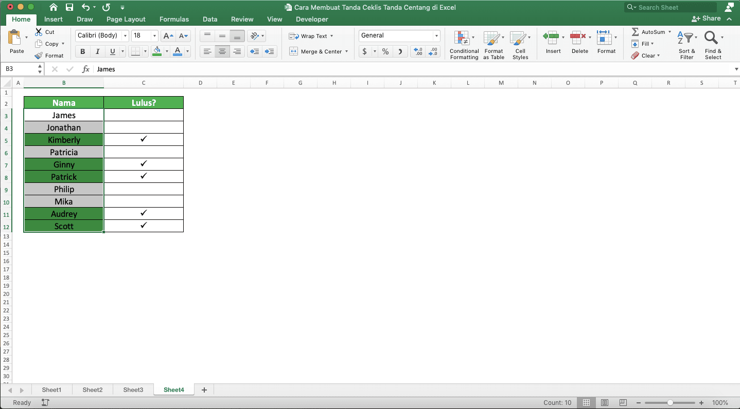 Cara Membuat Tanda Ceklis/Tanda Centang di Excel - Screenshot Contoh Hasil Conditional Formatting dengan Dasar Tanda Ceklis/Centang di Excel