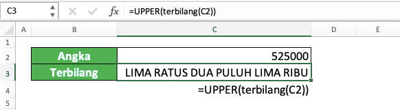 Rumus terbilang excel - Screenshot Contoh Hasil Implementasi UPPER pada Bentuk Terbilang Angka di Excel