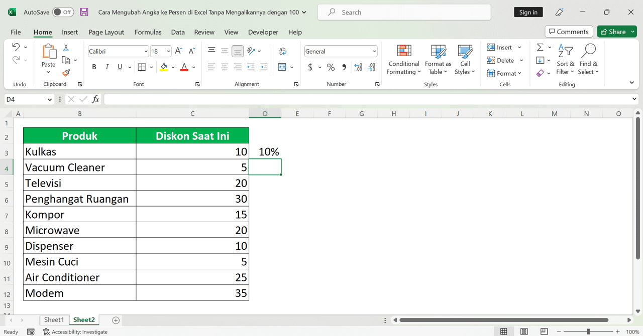 Cara Mengubah Angka ke Persen di Excel Tanpa Mengalikannya dengan 100 - Screenshot Cara Mengubah Angka ke Persen di Excel Tanpa Mengalikannya dengan 100 dengan Cara Flash Fill, Langkah 1