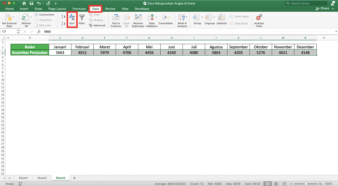 Cara Mengurutkan Angka di Excel - Screenshot Cara Mengurutkan Angka dalam Baris di Excel, Langkah 2