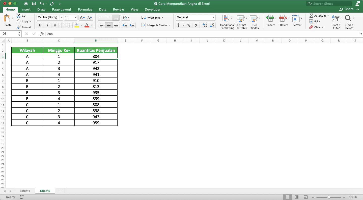 Cara Mengurutkan Angka di Excel - Screenshot Cara Mengurutkan Angka di Excel dengan Lebih dari Satu Tingkatan Pengurutan, Langkah 1