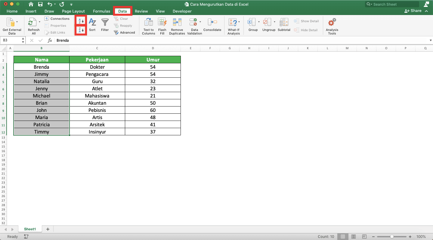 Cara Mengurutkan Data di Excel - Screenshot Cara Mengurutkan Abjad, Langkah 2