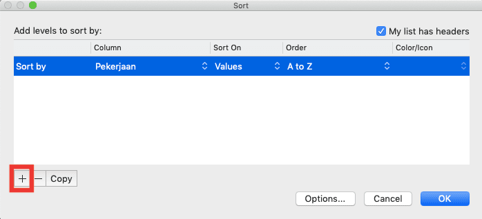 Cara Mengurutkan Data di Excel - Screenshot Lokasi Tombol Insert di Dialog Box Sort