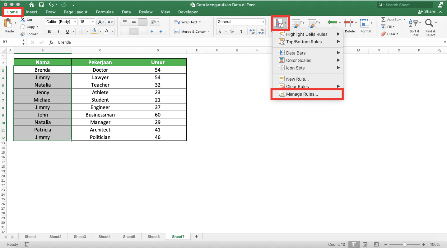 Cara Mengurutkan Data di Excel - Screenshot Lokasi Tab Home, Tombol Dropdown Conditional Formatting, dan Pilihan Manage Rules...nya