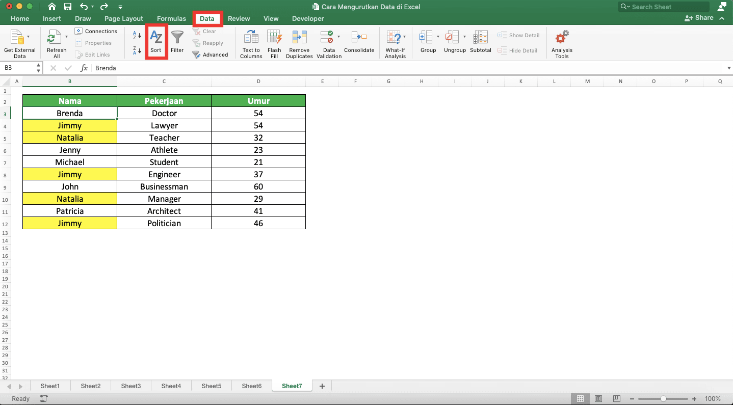 Cara Mengurutkan Data di Excel - Screenshot Lokasi Tab Data dan Tombol Sort