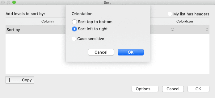 Cara Mengurutkan Data di Excel - Screenshot Contoh Pilihan Orientasi Sort left to right di Dialog Box Options