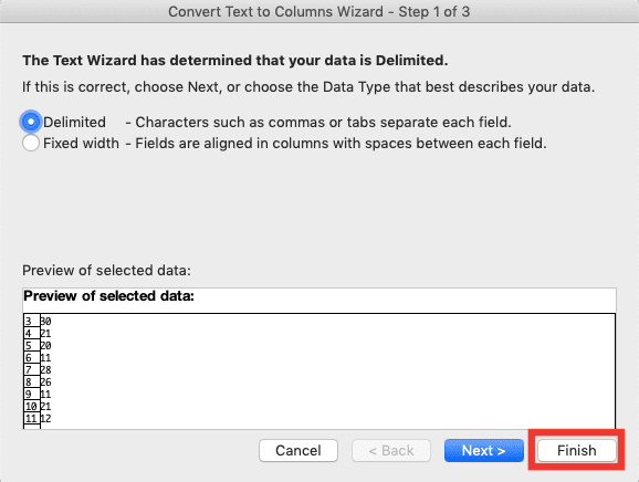 How to Sum in Excel and All Its Formulas/Functions - Screenshot of the Finish Button in the Text to Columns Dialog Box in Excel