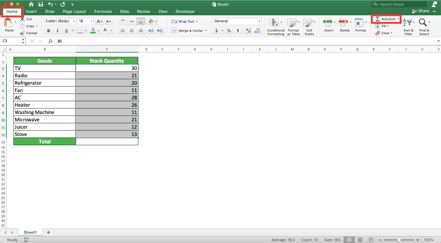 How to Sum in Excel and All Its Formulas/Functions - Screenshot of the AutoSum Button Location in the Home Tab in Excel