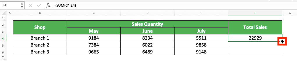 How to Sum in Excel and All Its Formulas/Functions - Screenshot of the + Symbol to Copy a Formula in Excel in Excel
