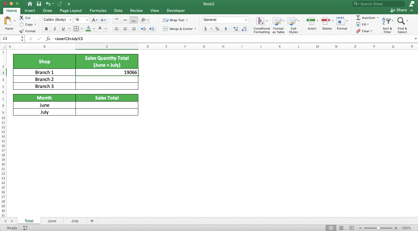How to Sum in Excel and All Its Formulas/Functions - Screenshot of the Sheets Sum Result Example in Excel, Using a Manual Sum Formula Writing