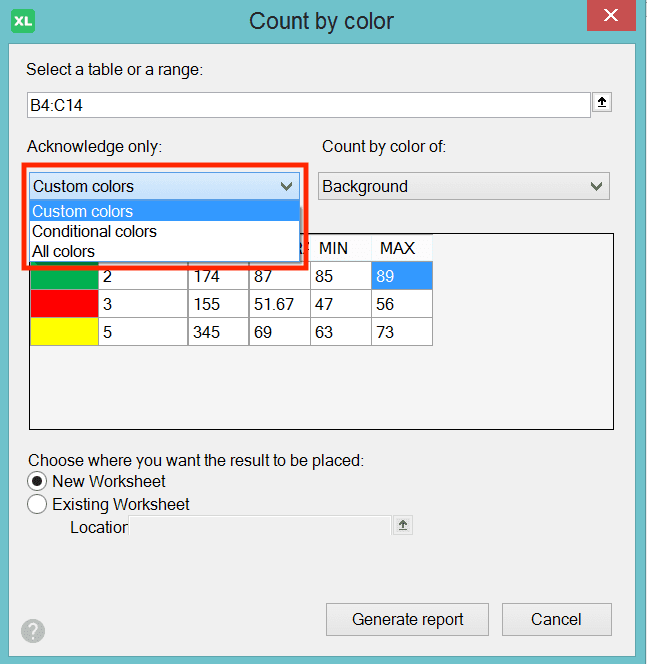 How to Count Data in Excel: Formulas and Functions - Screenshot of the Left Dropdown Choices in the XLTools' Count by Number Dialog Box