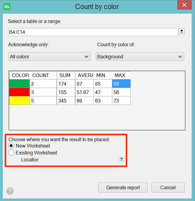 How to Count Data in Excel: Formulas and Functions - Screenshot of the New Worksheet and Existing Worksheet Choices in the XLTools' Count by Number Dialog Box