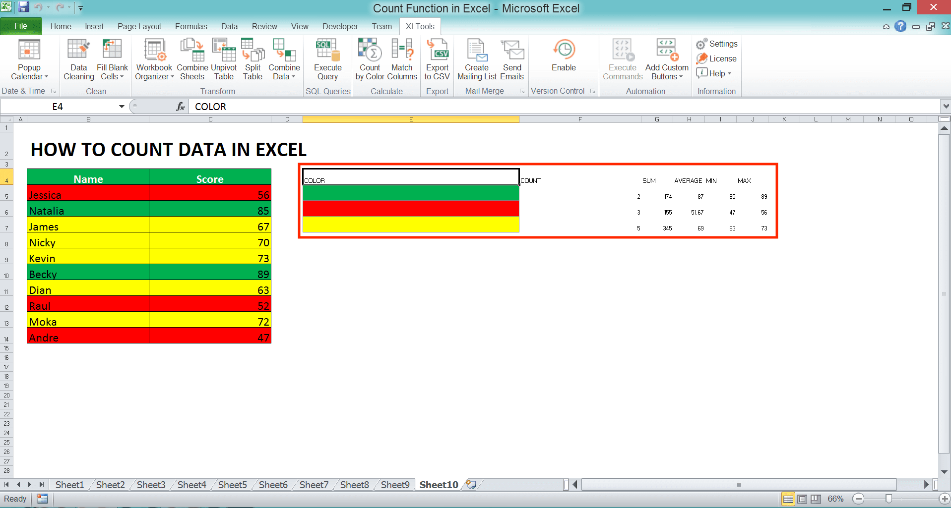 How to Count Data in Excel: Formulas and Functions - Screenshot of the Result of theNumbers Counting Process Based on Colors in Excel