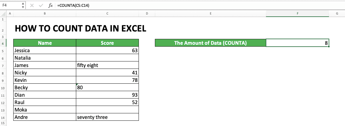 How to Count Data in Excel: Formulas and Functions - Screenshot of the COUNTA Example