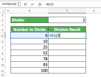How to Divide Numbers in Excel - Screenshot of the Direct Number Typing Example for the Constant in the Excel Column Division by a Constant