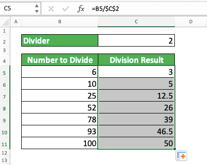 How to Divide Numbers in Excel - Screenshot of the Result Example for the Excel Column Division by a Constant