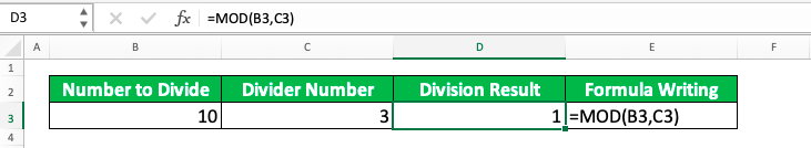 How to Divide Numbers in Excel - Screenshot of the Example for MOD Formula Implementation in Excel