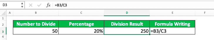 How to Divide Numbers in Excel - Screenshot of the Excel Number Division by a Percentage Example