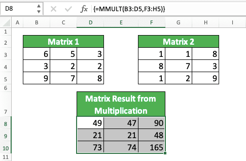 How to Do Matrix Multiplication in Excel - Screenshot of the MMULT Result Example