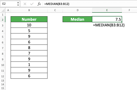 How to Find Mean, Median, and Mode in Excel - Screenshot of the MEDIAN Implementation Example to Find Median