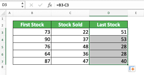 subtraction formula in excel