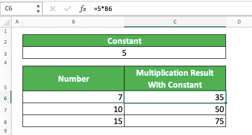 Multiplication in Excel and All Its Formulas & Functions - Screenshot of the Example for the Direct Typing Method for Excel Constant Multiplication